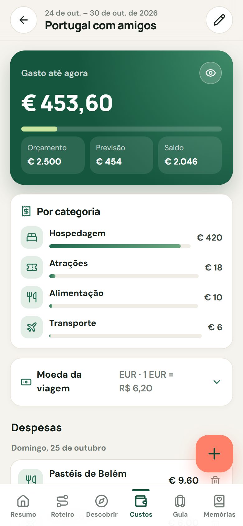Controle de gastos em euro com orçamento, previsão e saldo