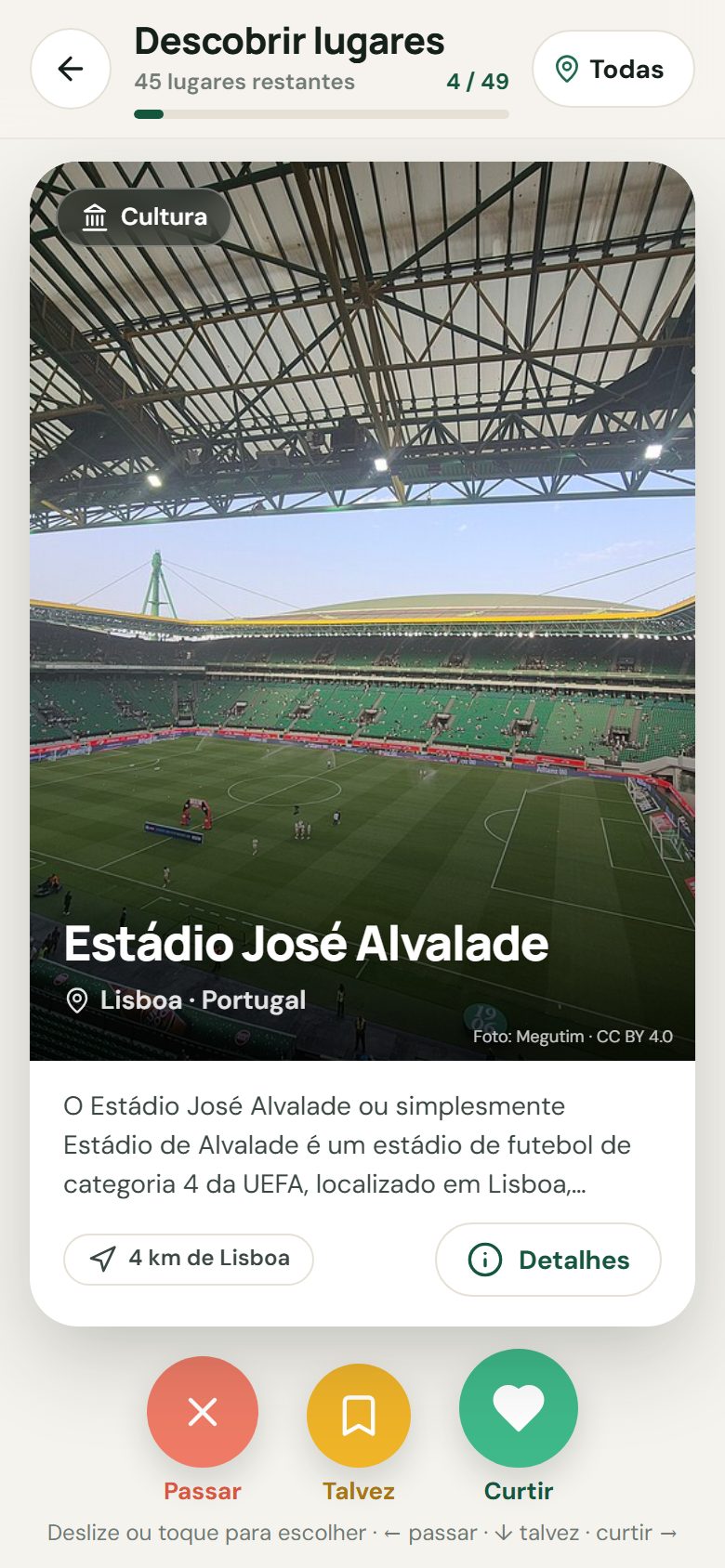 Tela de descobrir lugares com o cartão do Estádio José Alvalade, em Lisboa
