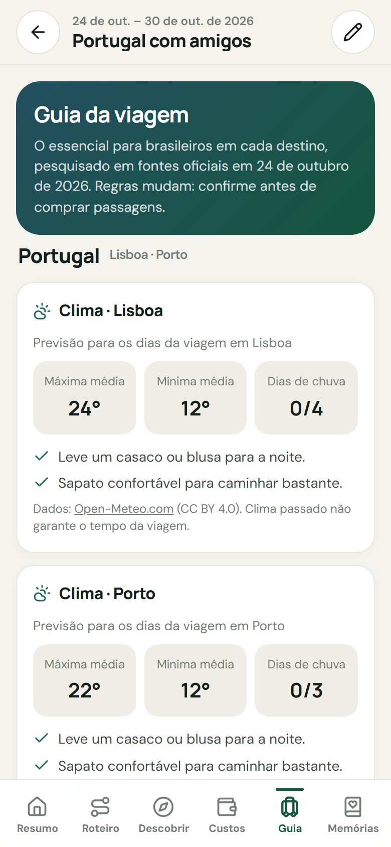 Guia da viagem com o clima de Lisboa e do Porto