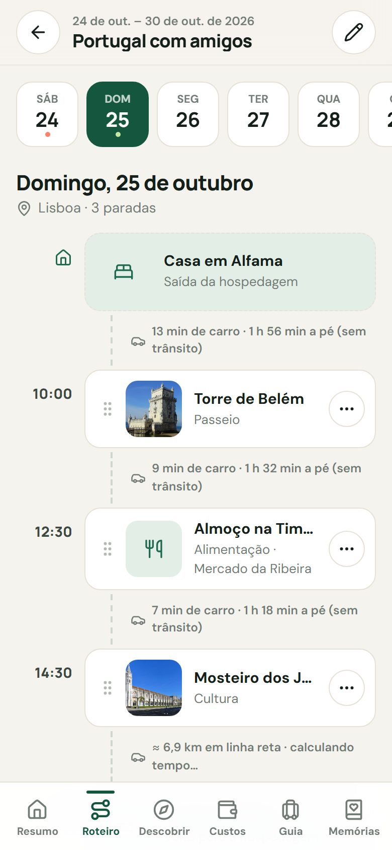 Roteiro do dia saindo da hospedagem com tempos de carro e a pé